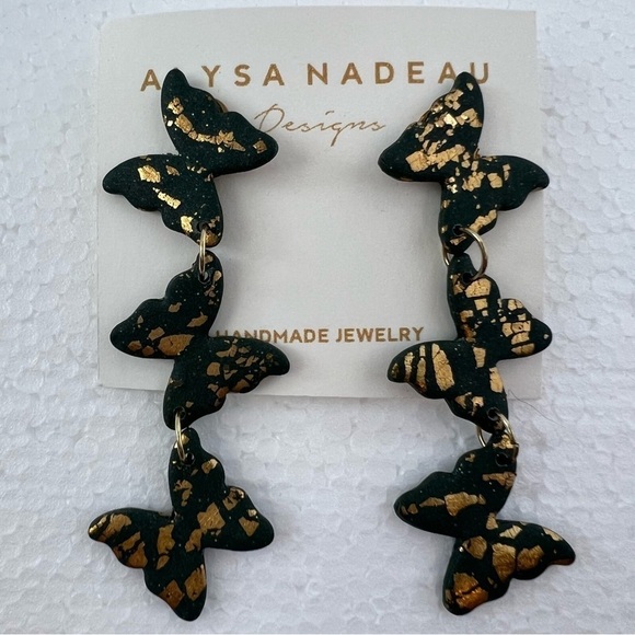 Alysa Nadeau Designs Green & Metallic Gold Three Tier‎ Butterfly Earrings NWT - Picture 1 of 6